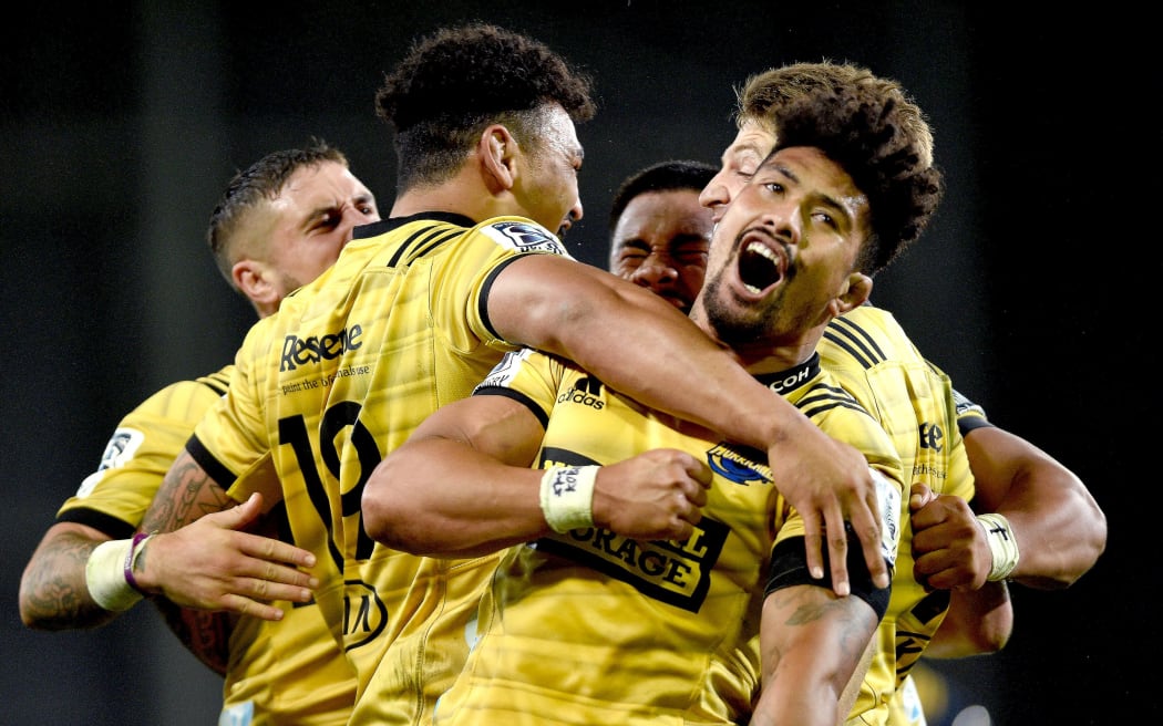 Ardie Savea of the Hurricanes celebrates.