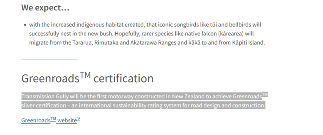 Screenshot of Waka Kotahi website claiming Transmission Gully Greenroads certification.