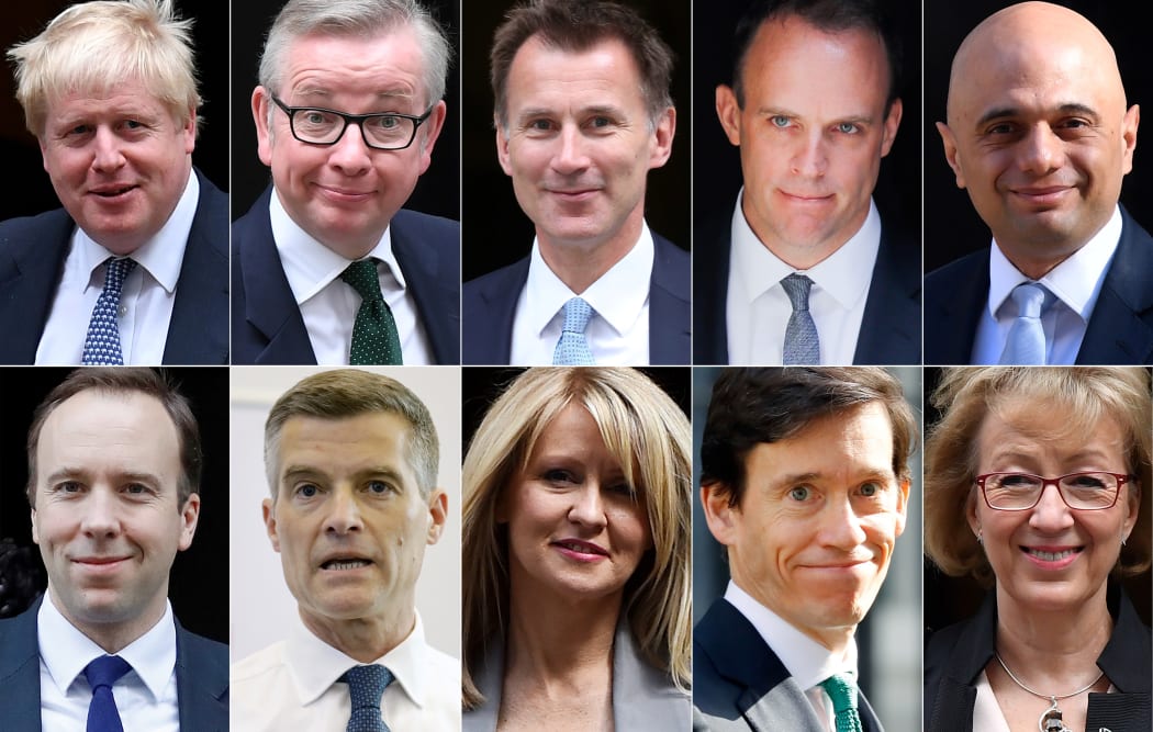 The 10 declared contenders in the Conservative Party leadership contest: (top row L-R) Boris Johson, Michael Gove, Jeremy Hunt,  Dominic Raab, and Sajid Javid; (bottom row L to R) Matt Hancock, Marker Harper, Esther McVey, Rory Stewart, and Andrea Leadsom.