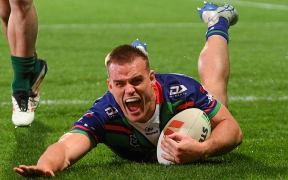 Jackson Ford of the Warriors celebrates his try during the NRL Telstra Premiership, Warriors Vs Knights.