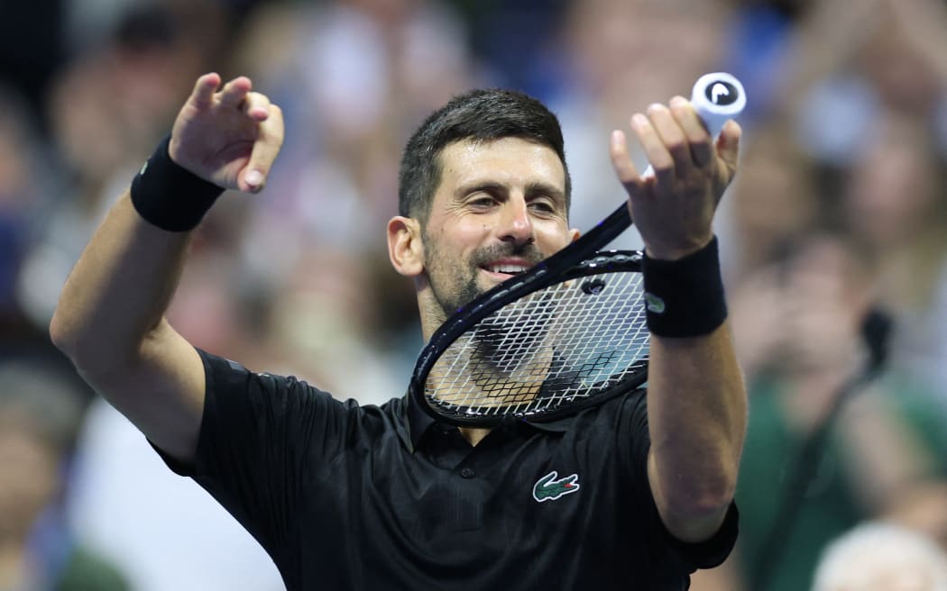 Novak Djokovic celebrates after winning his third round match against Britain’s Cameron Norrie at the US Open, August 29, 2025. (Photo by CHARLY TRIBALLEAU  AFP)
