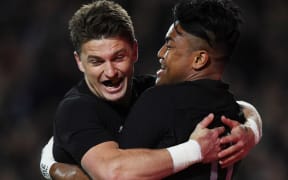 Beauden Barrett congratulates on scoring for the All Blacks against Argentina.
