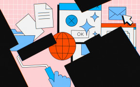 Stylised illustration of paint roller covering laptop screen