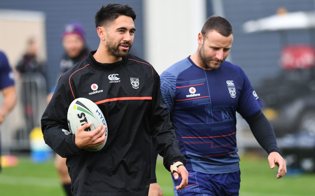Warriors halves pairing Shaun Johnson, left, and Blake Green.