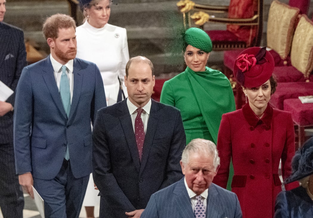Prince Harry, Duke of Sussex and Meghan, Duchess of Sussex follow Prince William, Duke of Cambridge and Catherine, Duchess of Cambridge leaving as they depart Westminster Abbey after attending the annual Commonwealth Service in London on March 9, 2020.