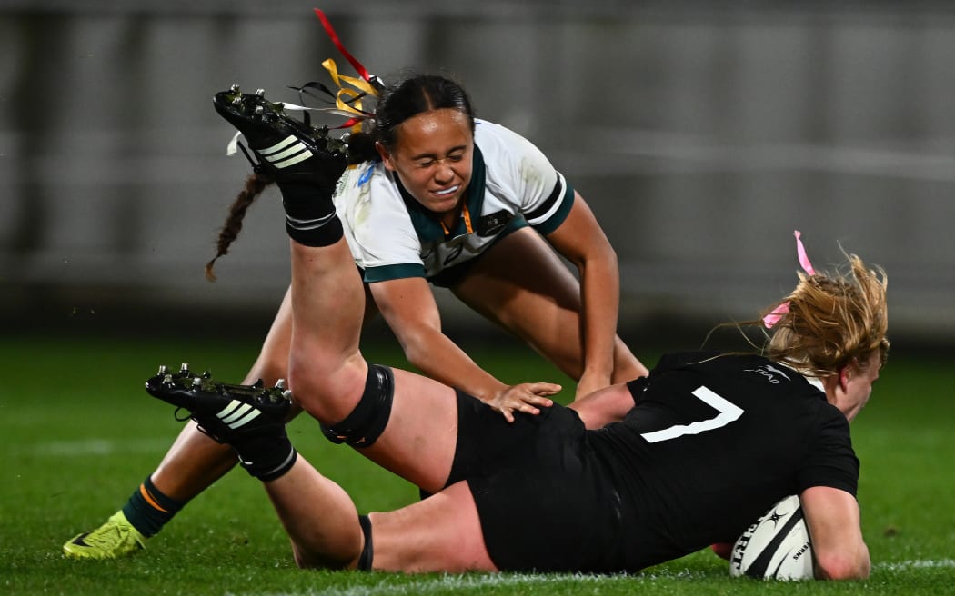 Jorja Miller scores a stellar try, O’Reilly Cup, New Zealand Black Ferns v Australia Wallaroos, Sky Stadium, Wellington. Saturday 12 July, 2025