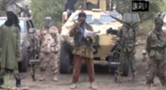 A video image of members of Boko Haram including leader Abubakar Shekau, centre, in May.