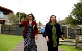 Green Party co-leader Marama Davidson the party's Tāmaki Makaurau candidate Darleen Tana voting at Ruapōtaka Marae, Glen Innes.
