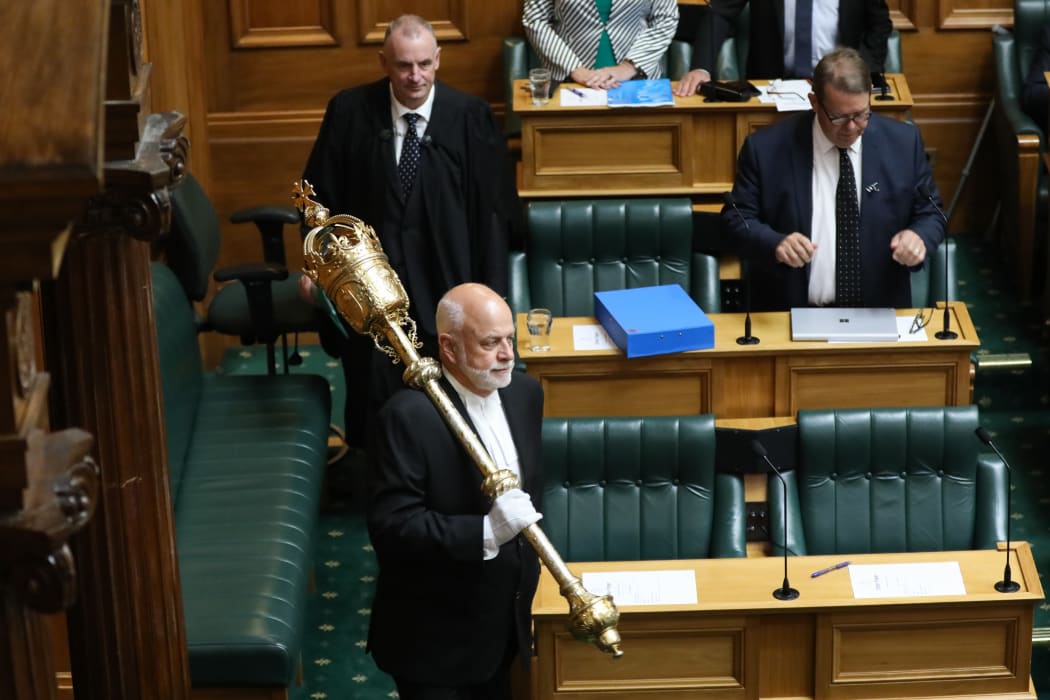 Speaker Trevor Mallard enters with Serjeant at Arms