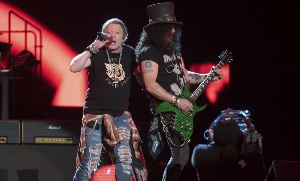 Axl Rose (L) and Slash of the band "Guns N´ Roses" perform during the Vive Latino 2020 festival at the Foro Sol in Mexico City, on March 14, 2020.