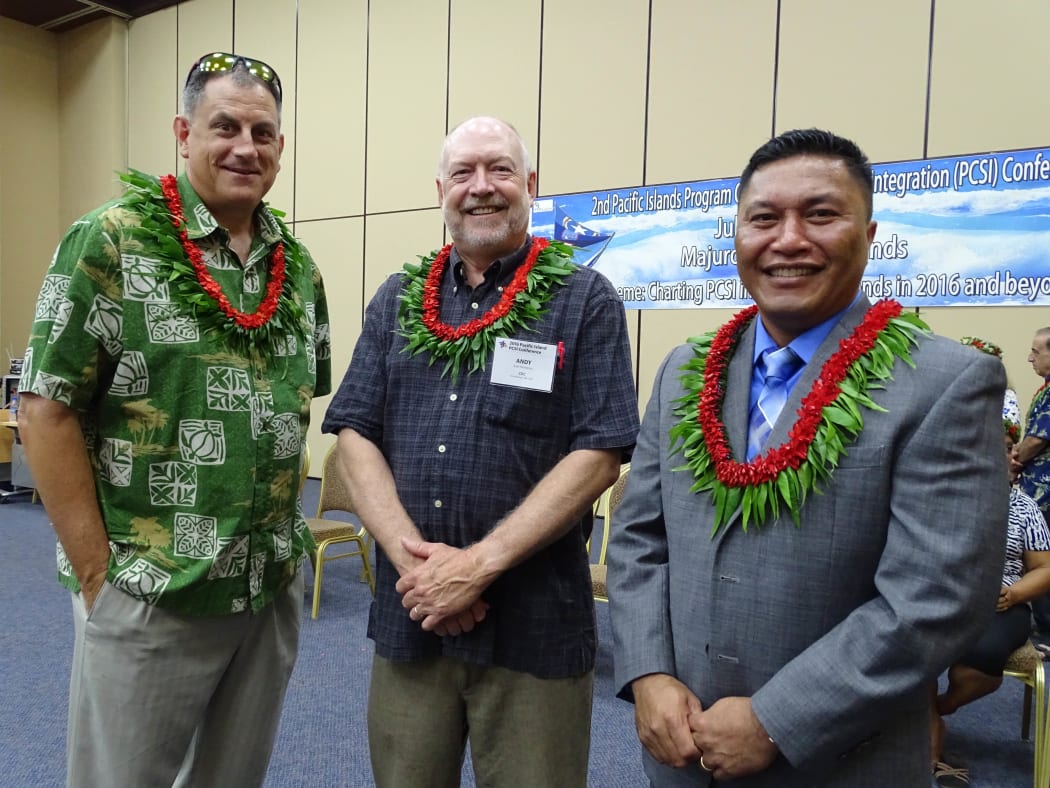 From the left CDC officials Richard Brostrom and Andy Andrew with Marshalls' Health Minister Kalani Kaneko