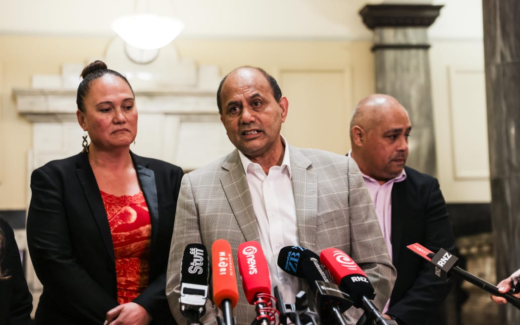 Labour MPs (from left) Carmel Sepuloni, Willie Jackson, and Peeni Henare speak at Parliament on the death of Te Pāti Māori MP Takutai Tarsh Kemp.