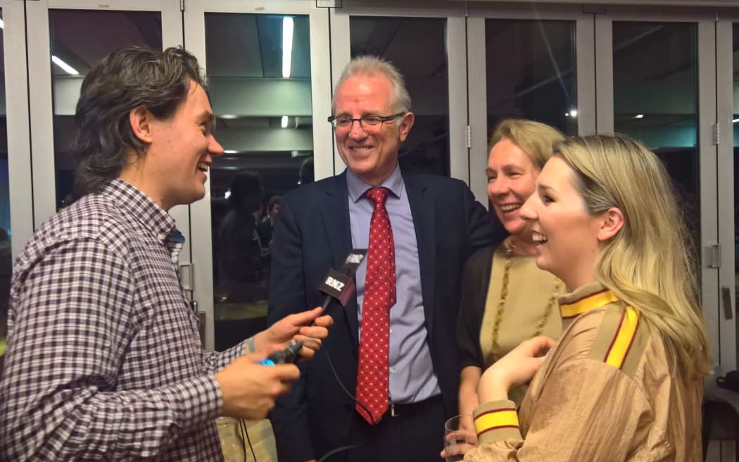Greg O'Connor (centre) talks to RNZ after winning the Ohariu seat.