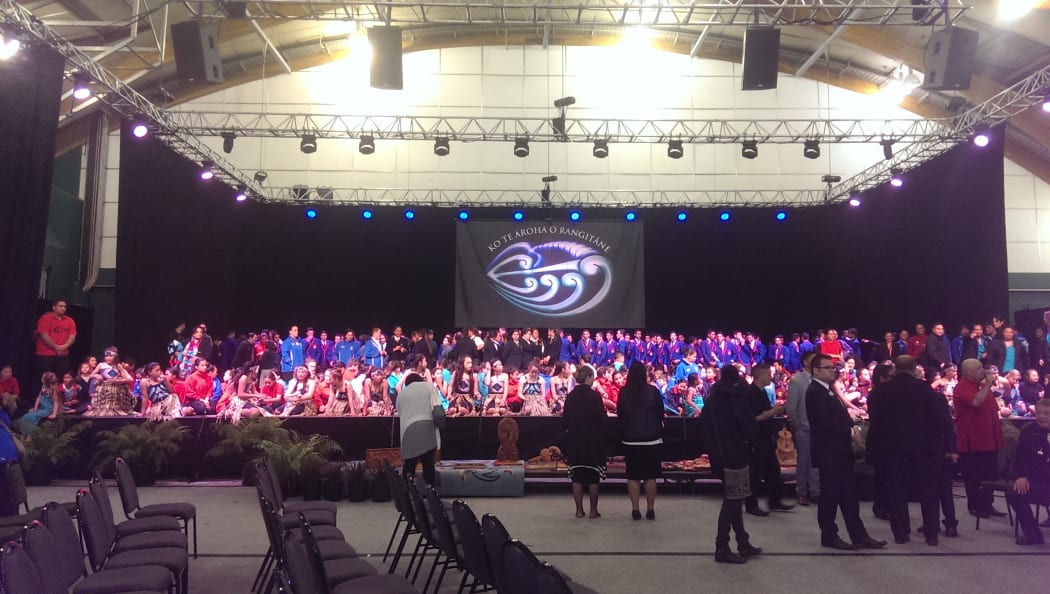 School children gather on stage for the Te Manakura o te motu - Kapa haka Nationals in Palmerston North.
