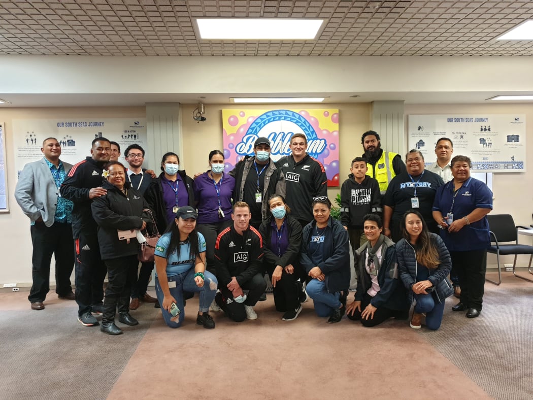 Some All Blacks players visited the Ōtara Vaccination Centre to encourage locals to get inoculated