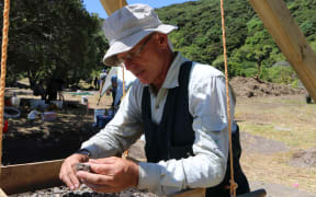 Lead archaeologist Dr James Robinson at the dig site at Mangahawea Bay on Moturua Island.