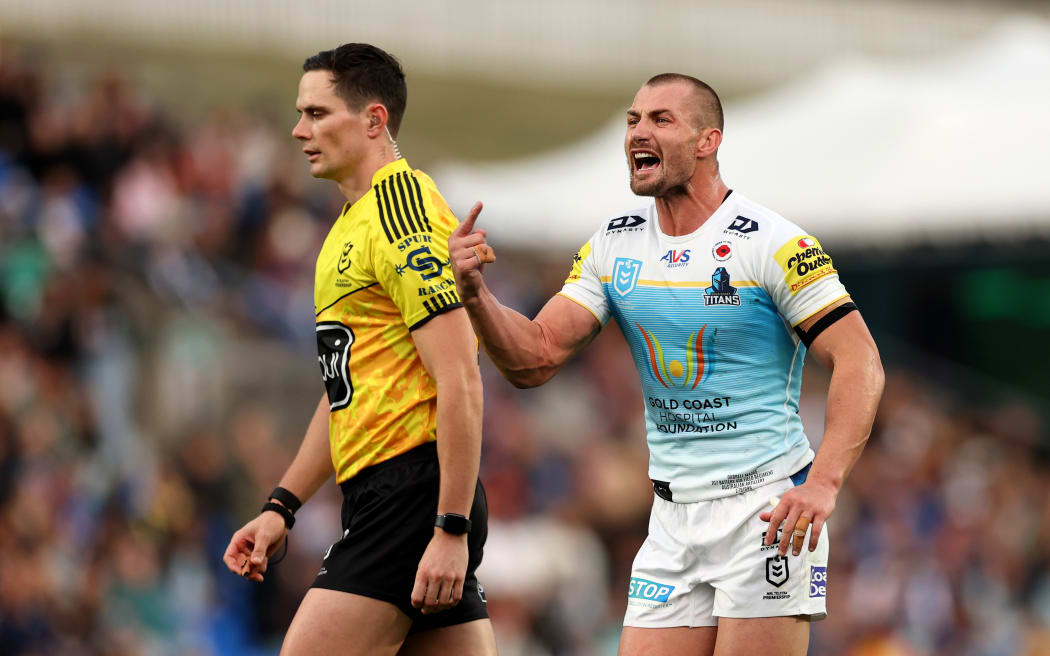 Kieran Foran of the Titans reacts during the round eight NRL match between New Zealand Warriors and Gold Coast Titans.