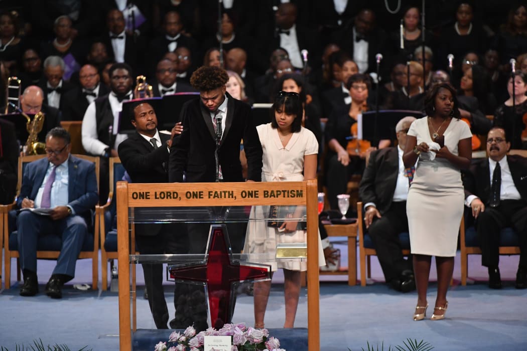 Cristal, Victorie, Jordan and Vaughn Franklin speak during Aretha Franklin's funeral at Greater Grace Temple.