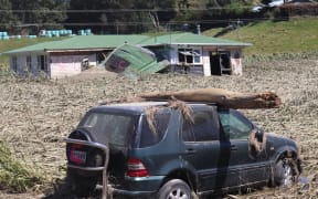 A scene of flooding damage. A stationary car is covered with tufts of muddy grass leftover from high flood waters. It has a large log sitting on top. There is pink spray paint over its number plate, indicating it has been written off. Behind the car is a field of trampled, muddy long grass slicked back and flattened by floodwaters. In the middle of the field is a small white and green house. The windows and doors have been destroyed, and the walls are dirty with mud. There is pink spray paint on the walls, indicating it has been written off.