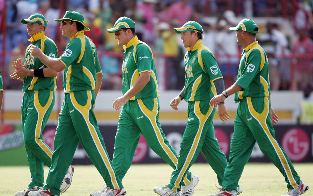 South African captain Graeme Smith (C) and team-mates after his team's seven-wicket loss to Australia in the 2007 World Cup in St Lucia.