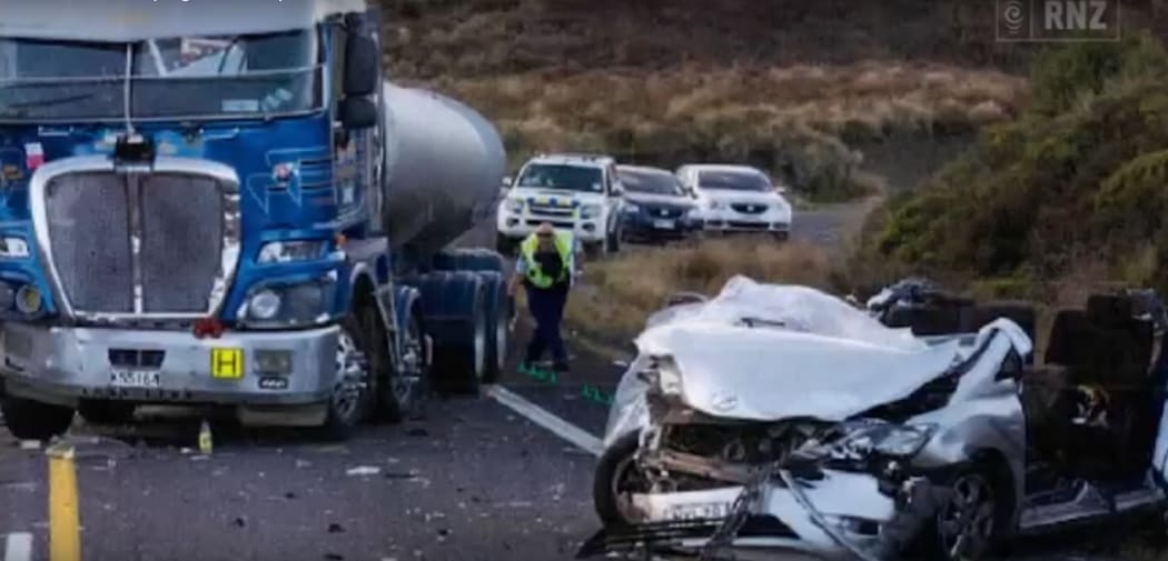 The crash scene after a Kenworth double-tanker rear-ended the Hamilton couple's car on the Desert Road at Easter 2018.