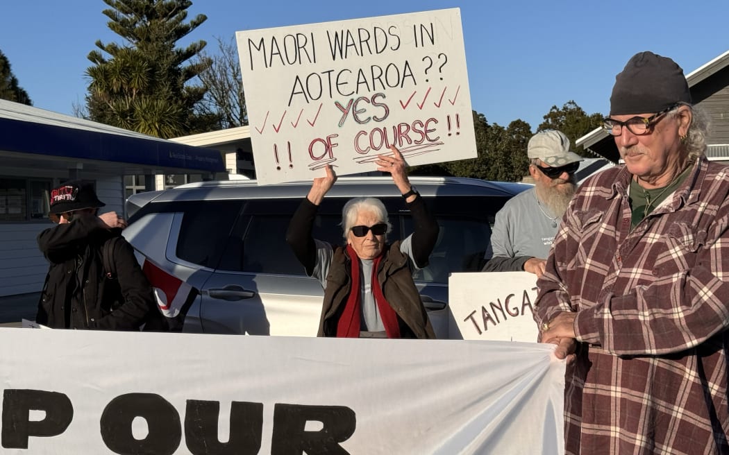 A protest in Kaipara as Te Rūnanga o Ngāti Whātua served the Kaipara District Council with an injunction to stop a planned vote on Maori wards.