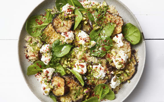 Eggplant, Spinach and Couscous Salad  with Lemony Yoghurt Dressing (