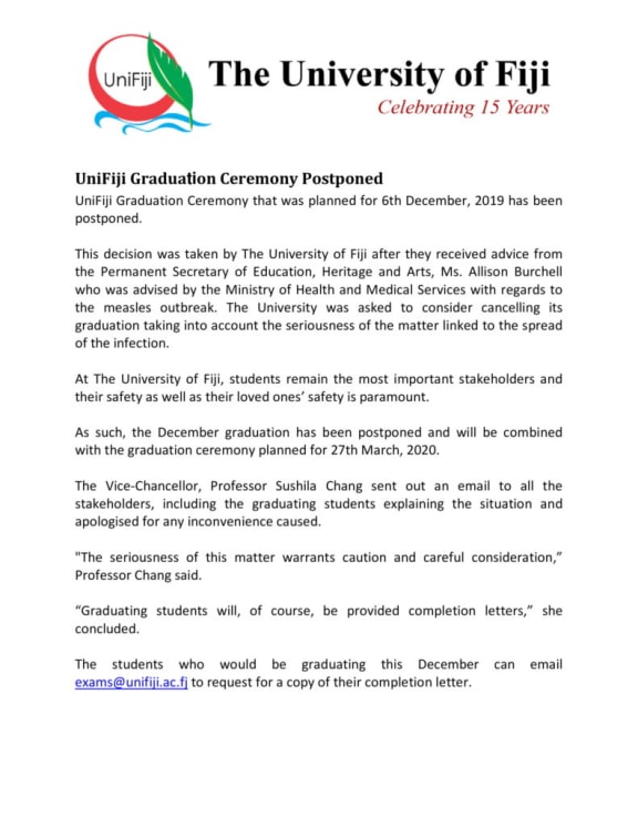 University of Fiji statement on the postponement of its 2019 graduation ceremony.
