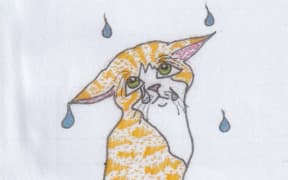 A drawing done by Peter Ellis of a tabby ginger cat in the rain