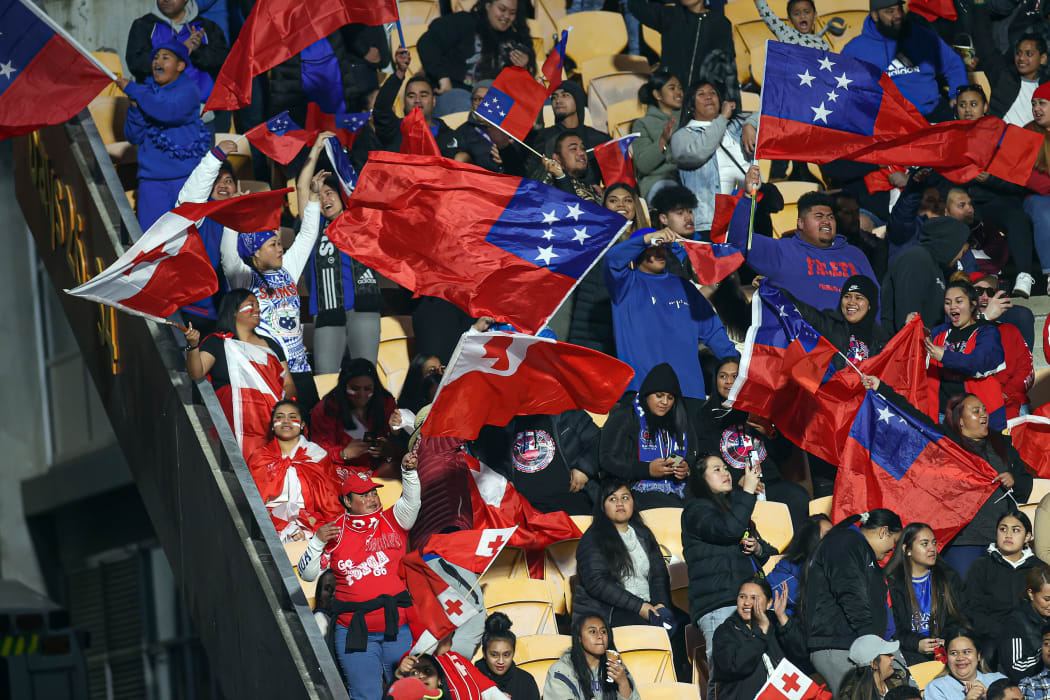 Samoa and Tonga fans show their support during the Rugby World Cup qualification game at Mount Smart Stadium.