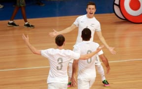 New Zealand celebrate a goal against Tahiti.