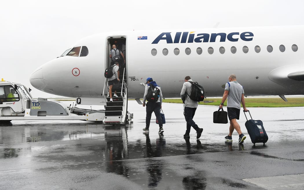 Warriors players leave on a charter flight to travel to the Australian city of Tamworth to begin their 14-day quarantine.