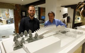 Architect Damien van Brandenburg and Animation Research Ltd chief executive Ian Taylor inspect a 3D-printed model of Mr van Brandenburg’s proposal for an overbridge linking central Dunedin and the waterfront.