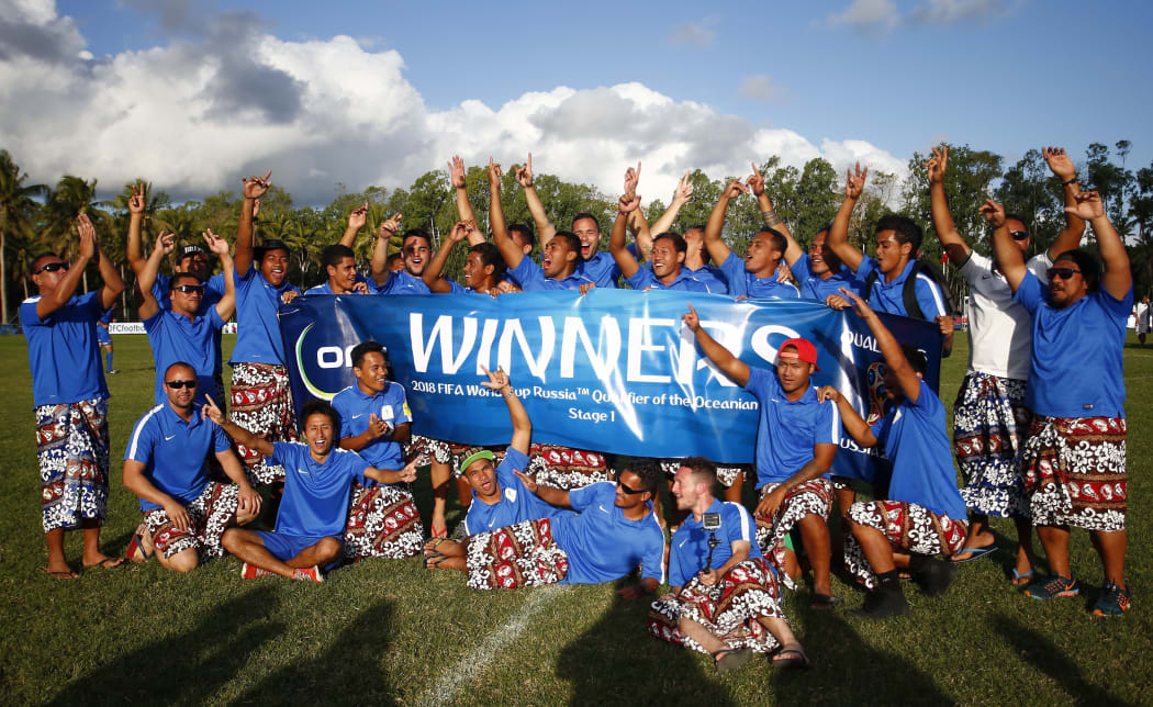 Samoa celebrate winning the first stage of Oceania qualifying for the 2018 Football World Cup.