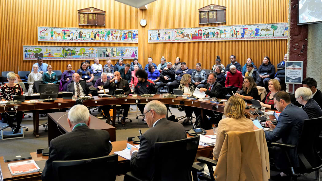 Hastings District Councillors during the Māori wards meeting today.