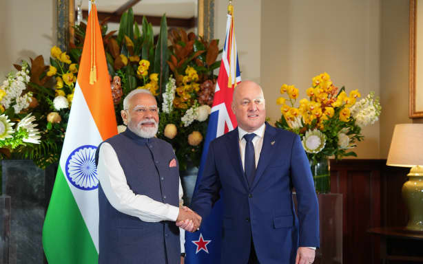 Prime Minister Christopher Luxon & Indian Prime Minister Narendra Modi shake hands at Government House in Auckland. Saturday 11 July 2026.