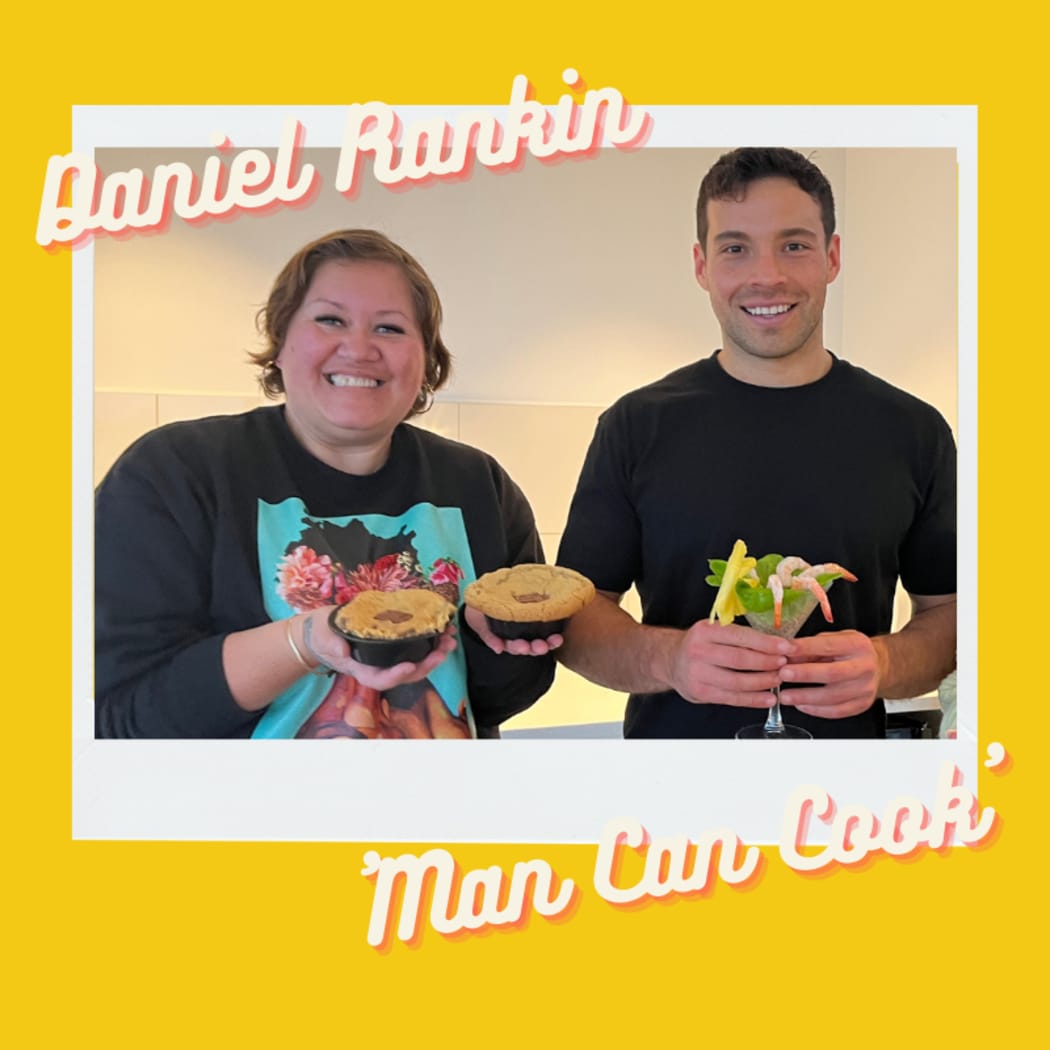 Host Jaimee is pictured beside Daniel Rankin, a social media cook. They are holdign up a cookie style dessert and a prawn cocktail entree. The image is bordered in a bright 70's yellow and captioned with the words ''Daniel Rankin Man Can Cook''