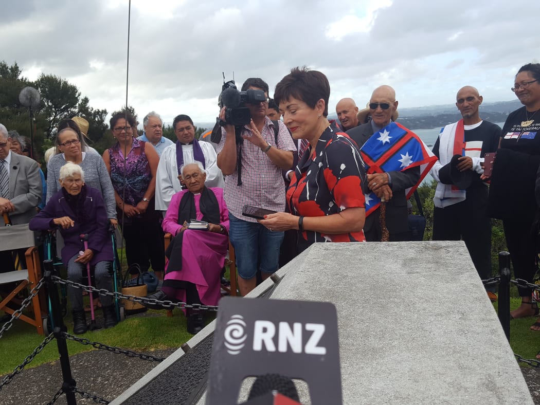 Governor-General Dame Patsy Reddy speaks at the flag ceremony in Russell, honouring tribes' efforts for peace following the northern wars.