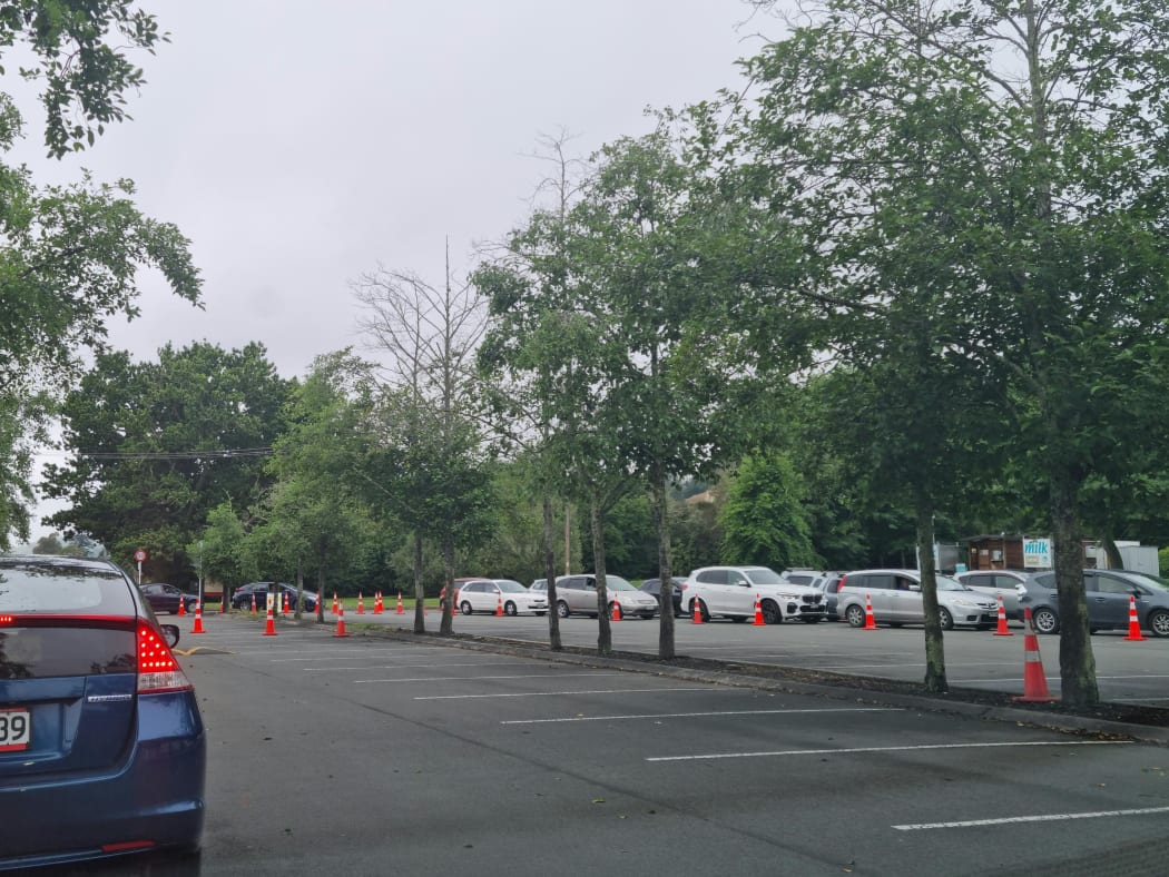 Cars queue up at the Saxton Field pop up Covid-19 testing station in Stoke.