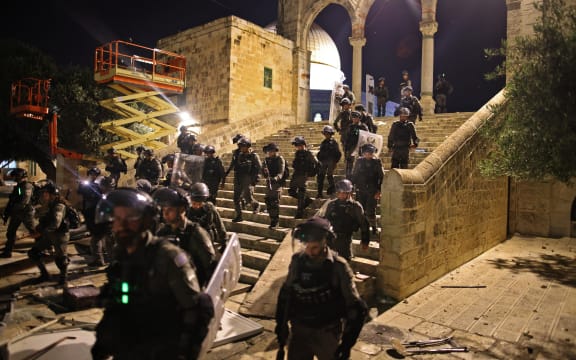 Israeli security forces deploy in Jerusalem's al-Aqsa mosque compound on May 10, 2021 during clashes with Palestinians.