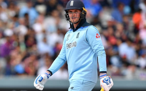 England's Jason Roy walks back to the pavilion after losing his wicket for 17 runs during the 2019 Cricket World Cup final