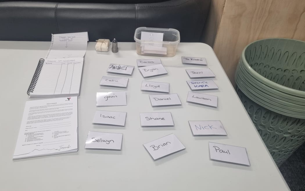 Men staying overnight register and check-in their personal belongings.