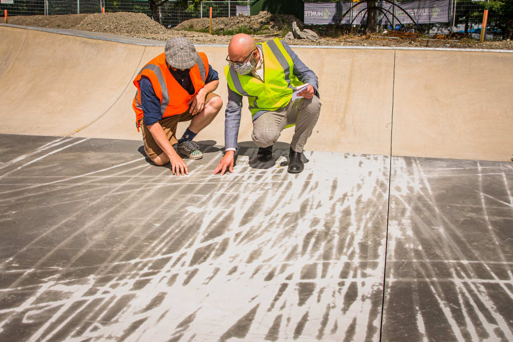 Masterton District Council staffers Kane Harris and Corin Haines, assessing the damage at the skatepark.