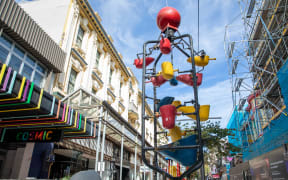 Cuba Street's kinetic sculpture, the Bucket Fountain, during the Covid-19 alert level four lockdown.
