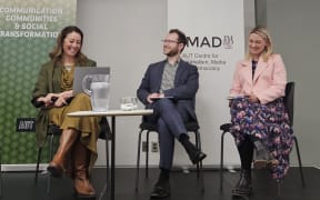 TVNZ's Miriama Kamo, Newsroom's Marc Daalder and RNZ's Eloise Gibson at the AUT's climate change journalism event 'Framing the Emergency.'