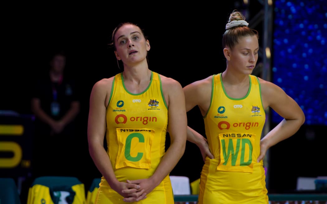 A disapointed Liz Watson of the Diamonds and Jamie-Lee Price after 2021 Constellation Cup loss to Silver Ferns.