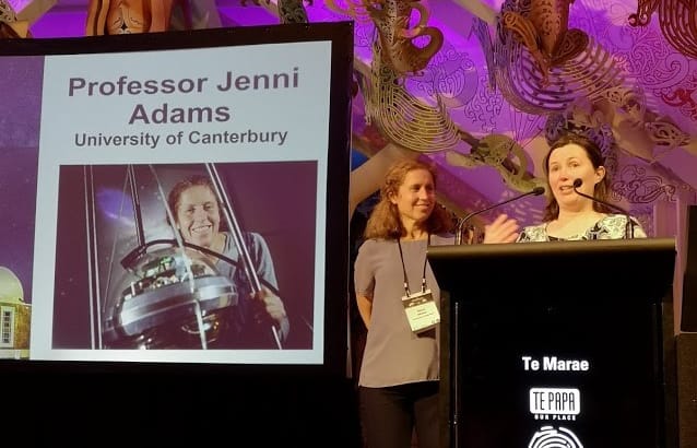 New Zealand Institute of Physics Dr Natalie Plank presents University of Canterbury Physics Professor Jenni Adams (left) with the 2021 Dan Walls medal at a ceremony in Wellington.