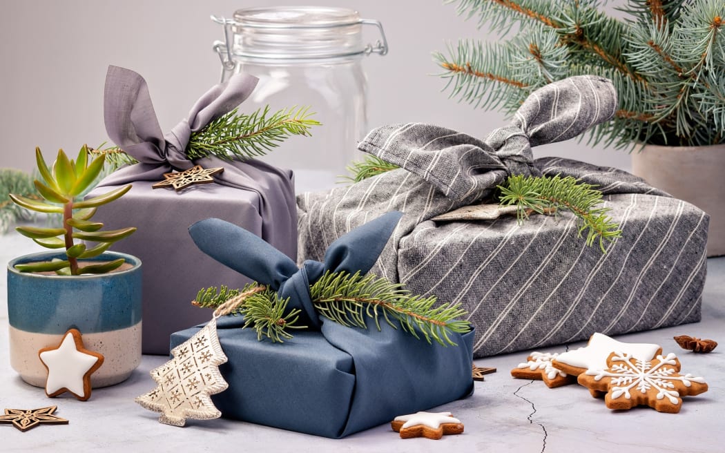 Cloth-wrapped gifts look lovely and the wrap can be reused for a zero waste Christmas.