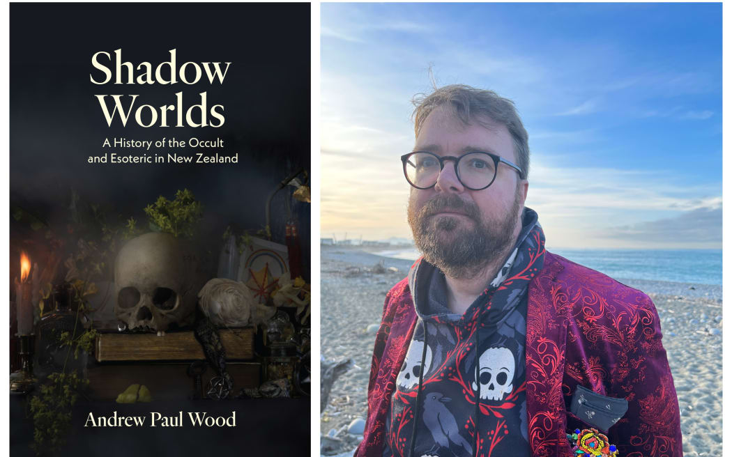 collage of Andrew Paul Wood and his book Shadow Worlds
