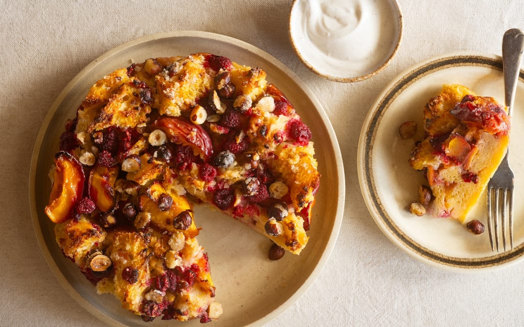 Roasted Nectarine & Raspberry Bread & Butter Pudding Cake
